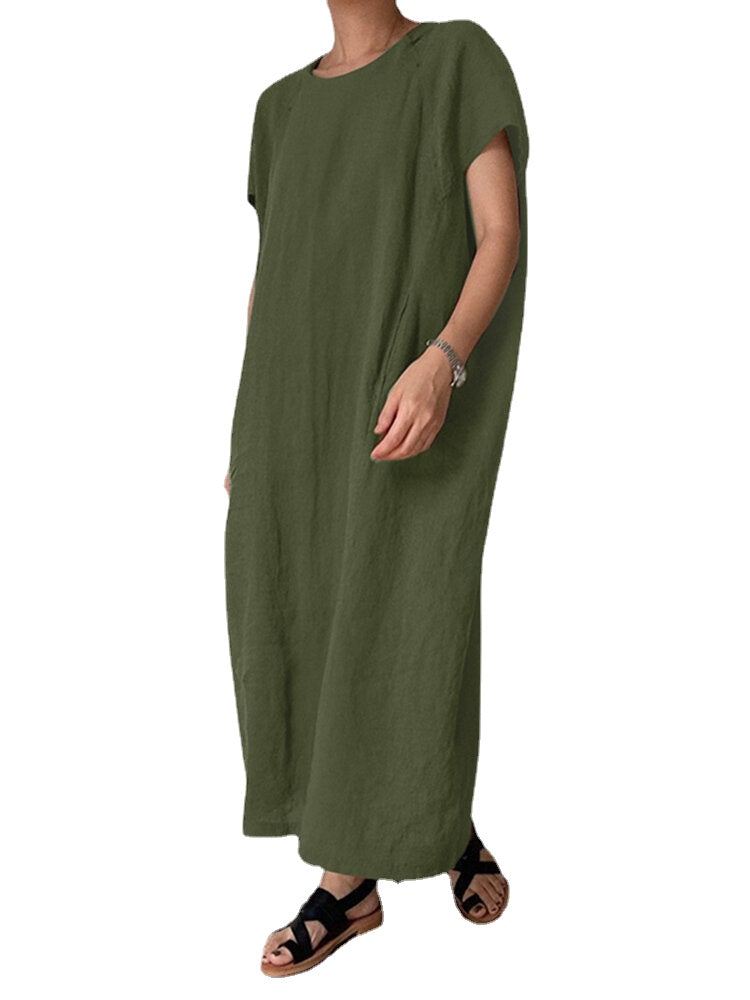 Solid Pocket Cotton Round Neck Casual Maxi Dress