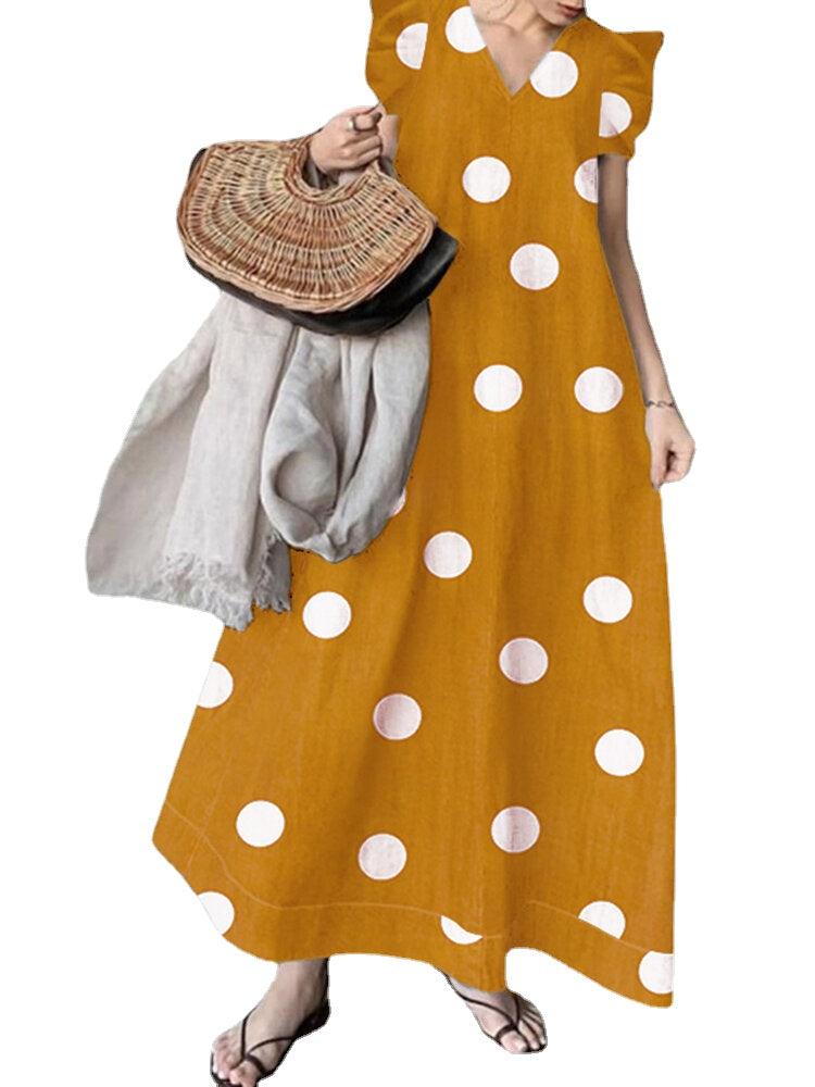 Polka Dot Sleeveless Ruffle V Neck Maxi Dress