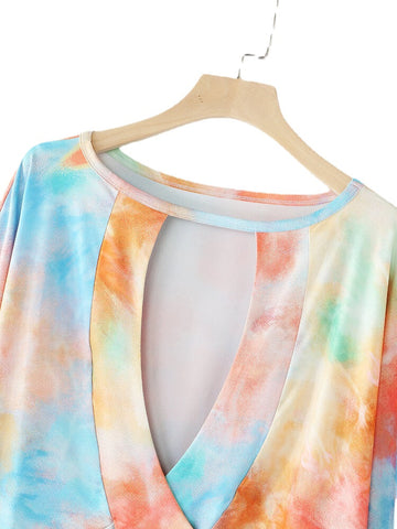 Women Tie Dye Print Cut Out Back Round Neck Casual Long Sleeve Sweatshirts