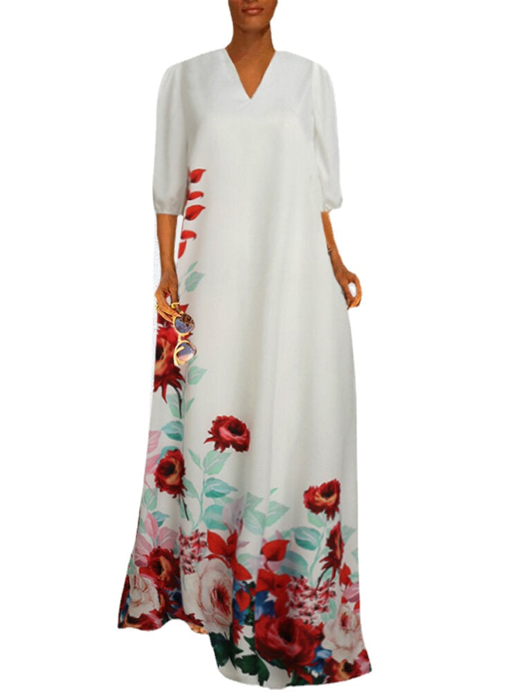 Women Floral Print V-Neck 3/4 Sleeve Casual Maxi Dress