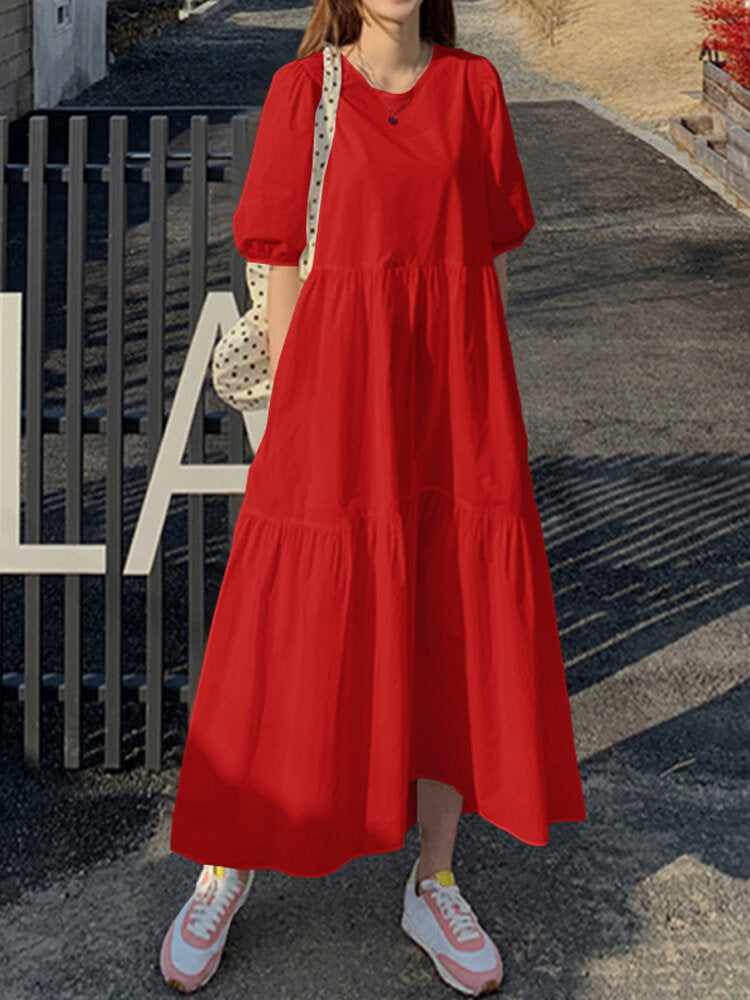 Women Cotton Solid Color Puff Sleeve Pleated Simple Maxi Dresses With Pocket