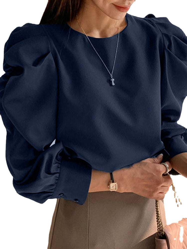 Solid Color Long Sleeve O-neck Puff Blouse For Women