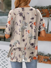 Flower Print V-neck Short Sleeve Casual Blouse For Women