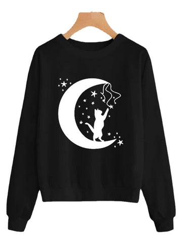 Women Casual Cat And Moon Printed Long Sleeve Hoodies Sweatshirt