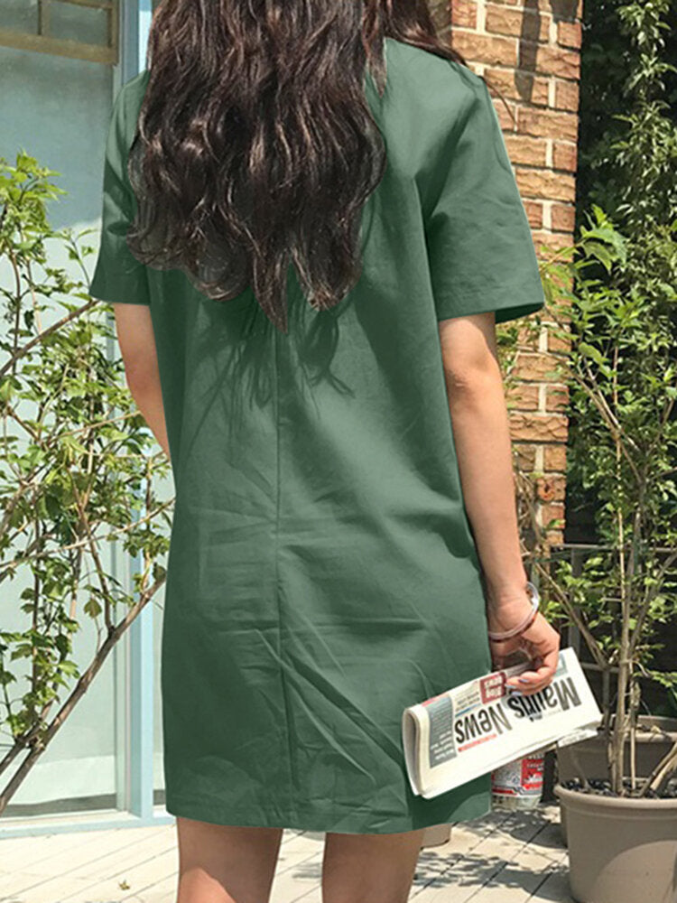 Solid Pocket Short Sleeve Casual Midi Dress