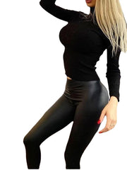 Girls PU Faux Leather Matte Casual High Elasticity Ankle-Length Solid Color Pants