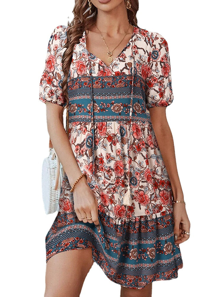 Floral Print Tassel V-neck Knotted Short Sleeve Bohemian Dress