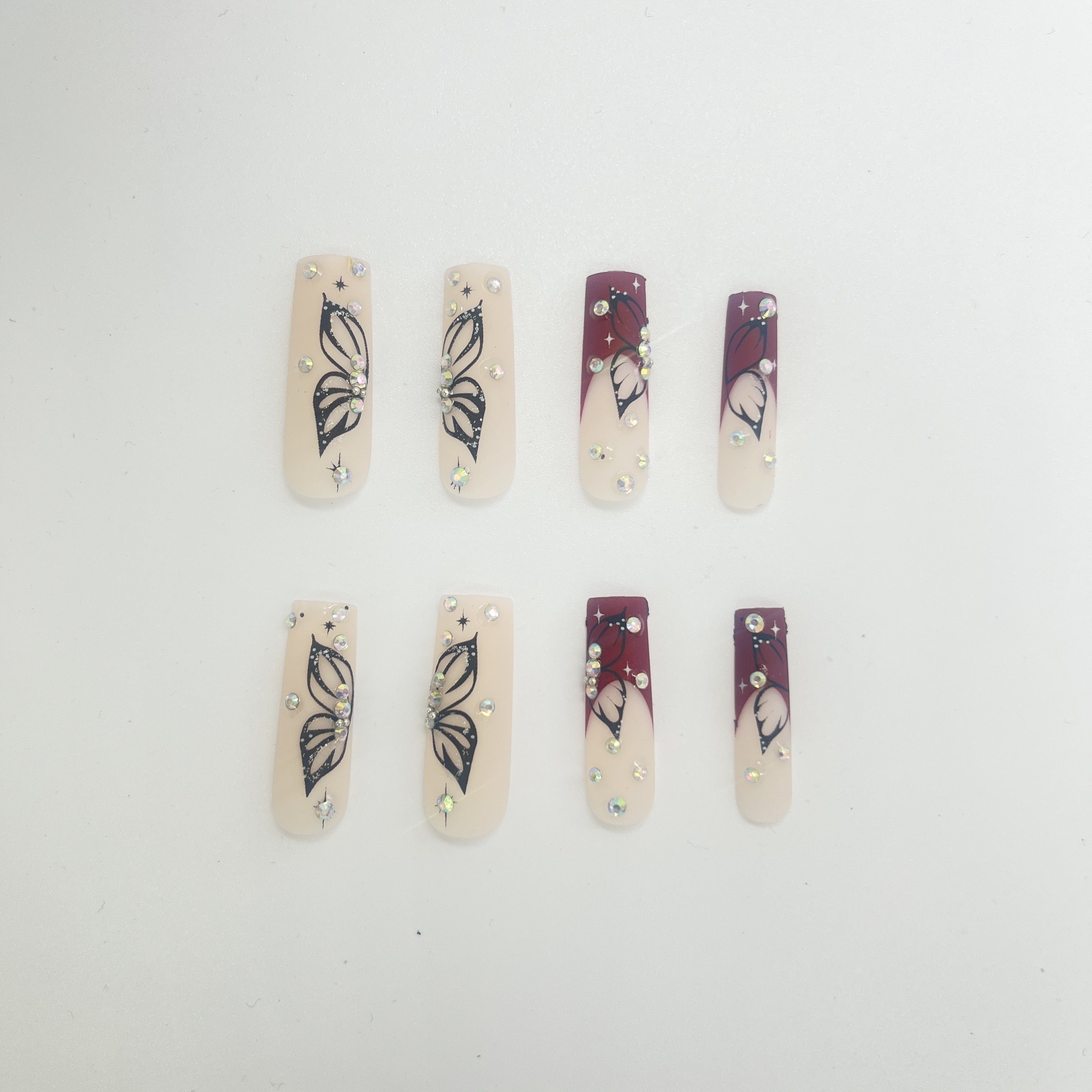 24pcs Long Red Coffin Press On Nails with Butterfly Design, Glossy Matte Acrylic, Includes Nail File & Glue