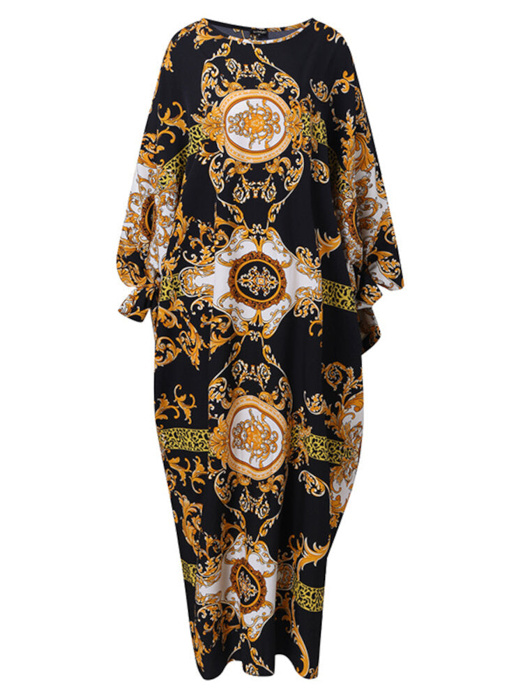 Women Pleats Floral Elegant Special Printing Pattern Long Sleeve Floor Length Plus Size Midi Dresses