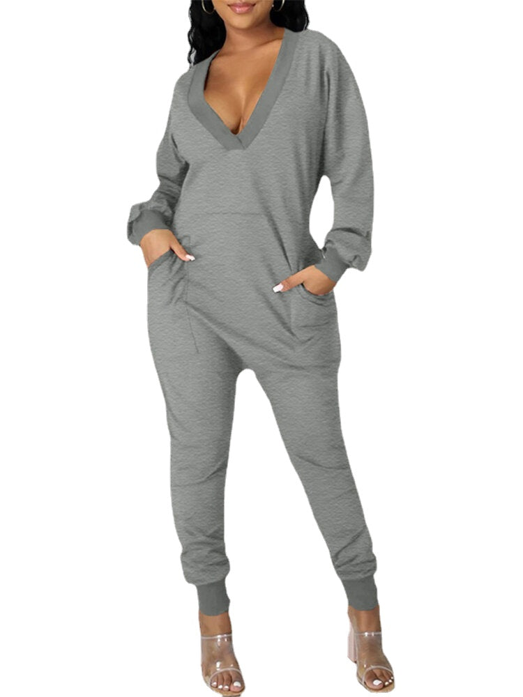 Women V-Neck Long Sleeve Daily Solid Color Harem Jumpsuit With Pocket