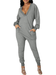 Women V-Neck Long Sleeve Daily Solid Color Harem Jumpsuit With Pocket