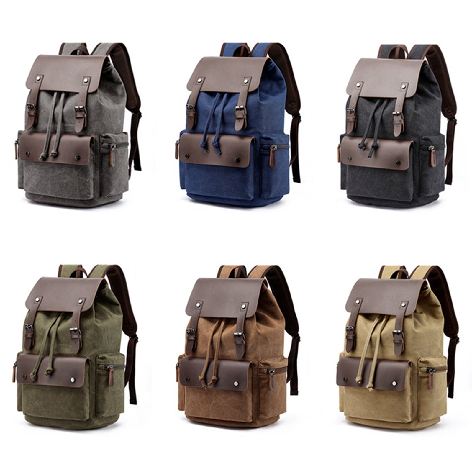 Men Washed Canvas Casual Backpack Large Capacity Drawstring Cover Backpack Laptop Bag