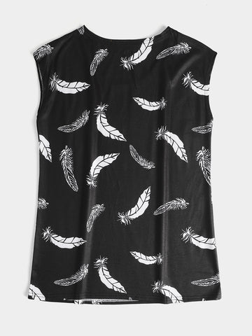 Feather Print Round Neck Sleeveless Loose Women Casual Tank Top