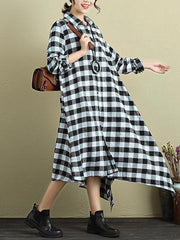M-5XL Casual Loose Plaid Long Sleeve Lapel Irregular Dress For Women