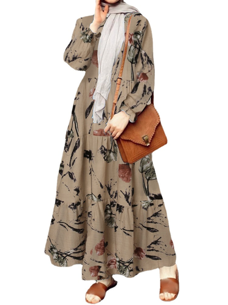 Women Retro Floral Printing Puff Sleeve O-Neck Casual Holiday Maxi Dress