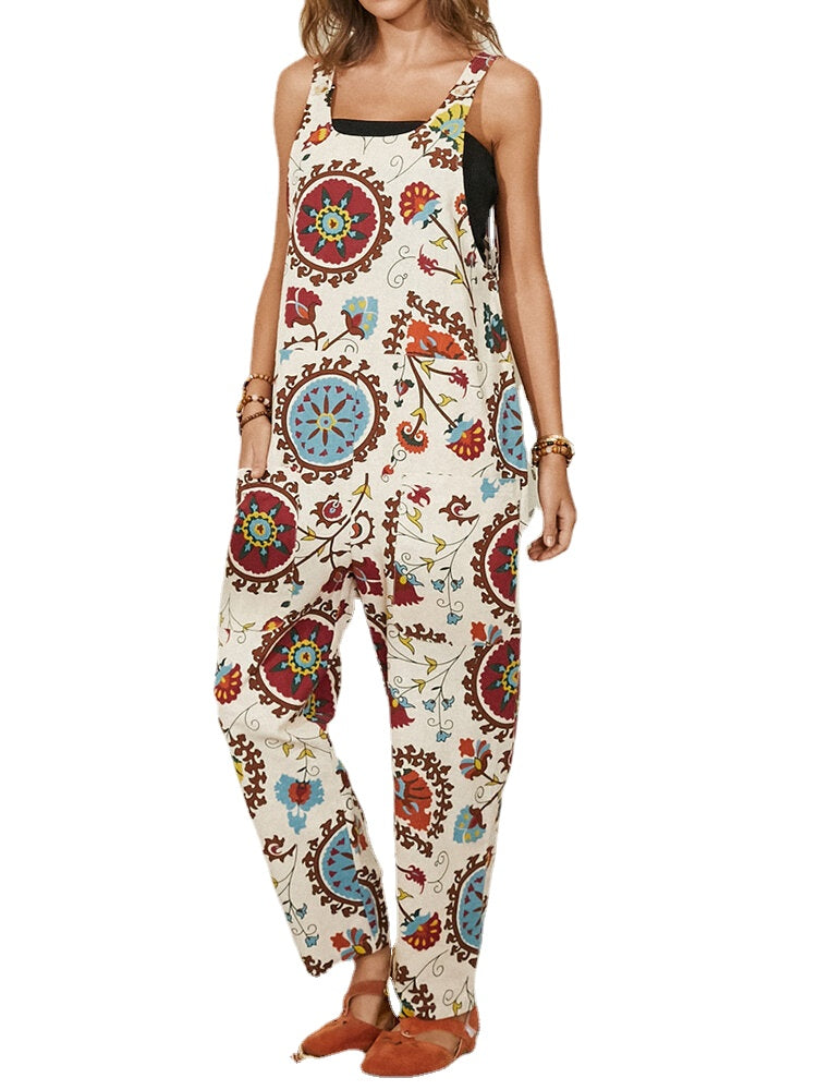 Women Ethnic Pattern Print Straps Casual Loose Jumpsuit With Pocket