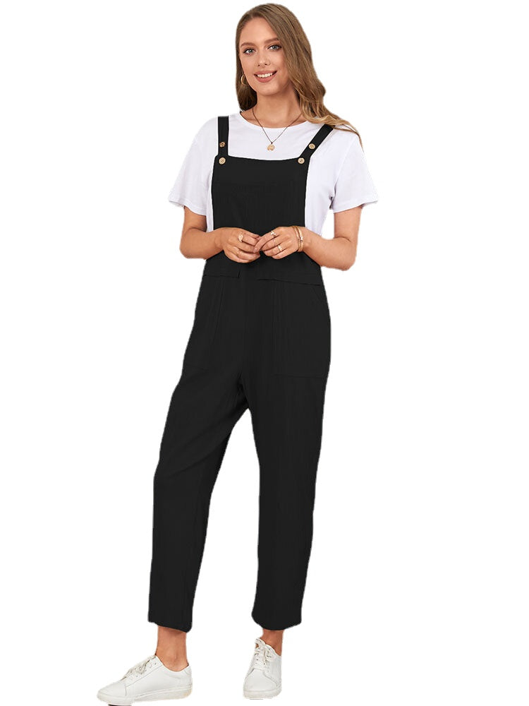 Solid Pocket Sleeveless Button Casual Jumpsuit For Women