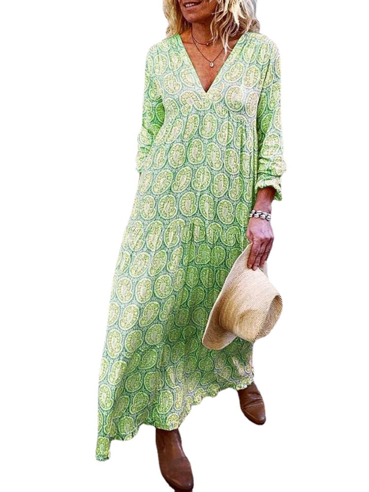 Women Holiday V-neck Print Long Sleeve Loose Maxi Dress