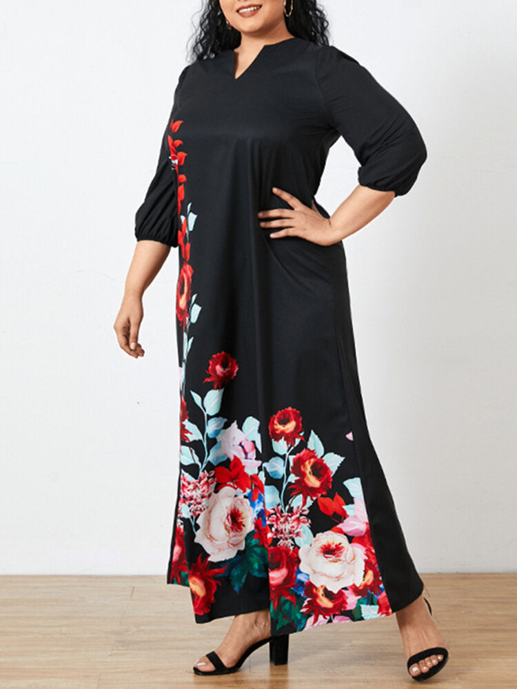 Women Floral Print V-Neck 3/4 Sleeve Casual Maxi Dress