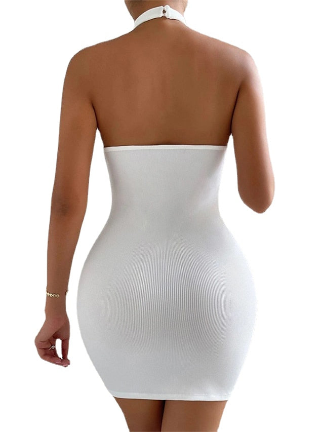 Women‘s Party Dress Bodycon Sheath Dress Mini Dress Black White Sleeveless Pure Color Backless Winter Fall Spring Halter Fashion Party Date Vacation Slim