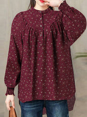 Ditsy Floral Print Button Shirred Long Sleeve Blouse