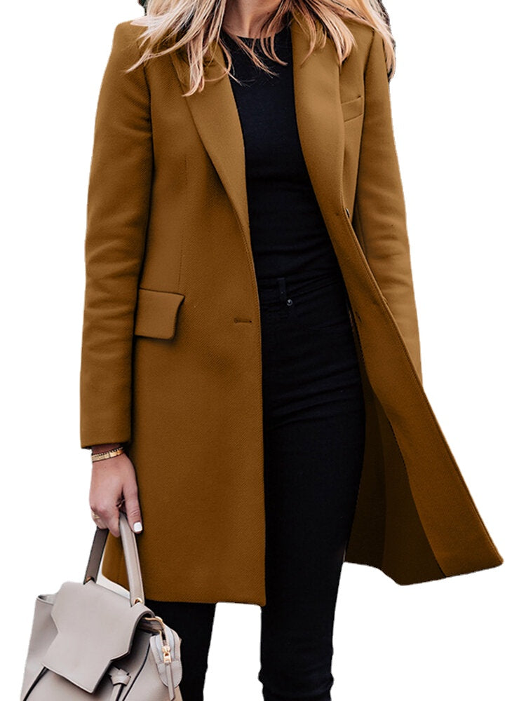 Solid Button Long Sleeve Lapel Coat For Women