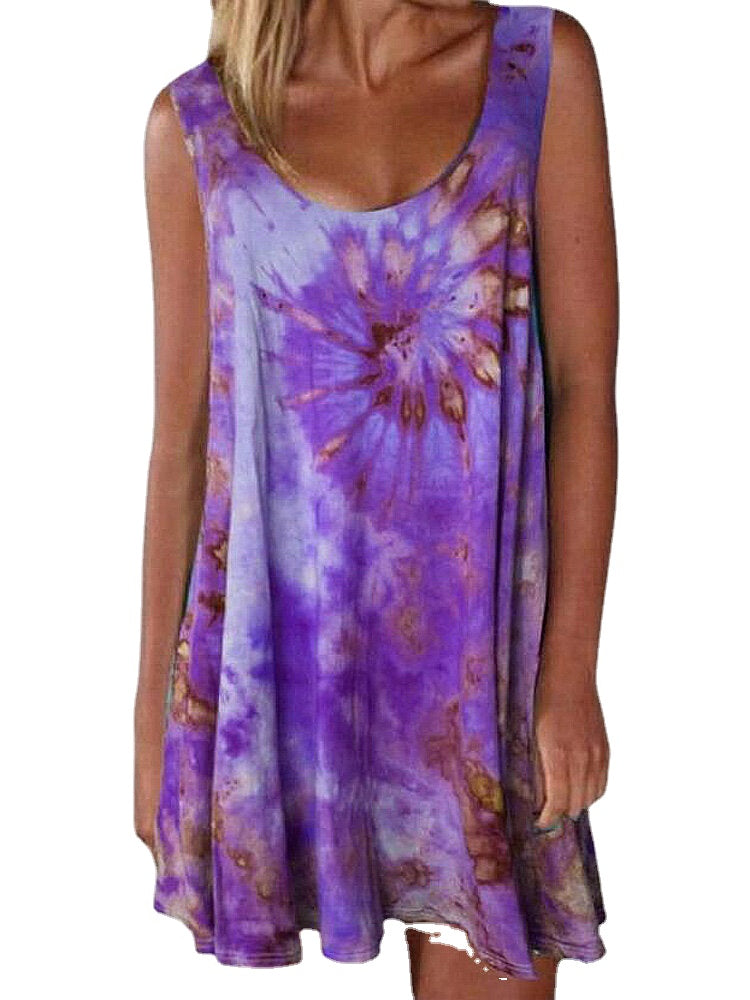 Women Tie-dye Print Crew Neck Summer Sleeveless Loose Dress