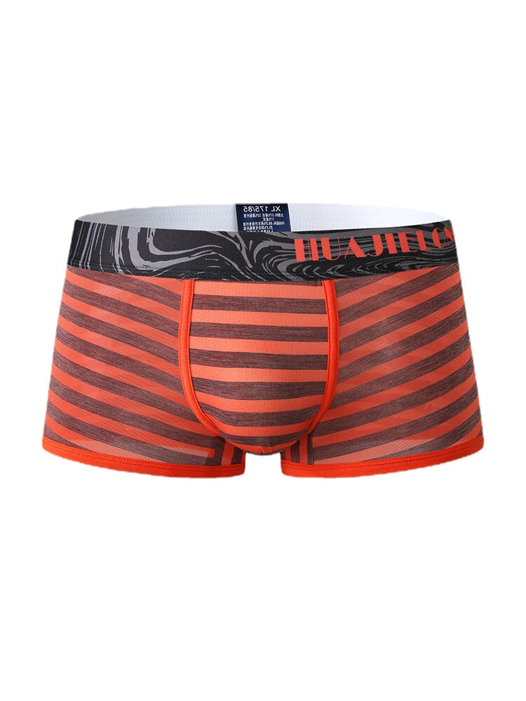 Mens Striped Ice Silk Translucent Breathable Thin Elastic Mid Waist Boxers