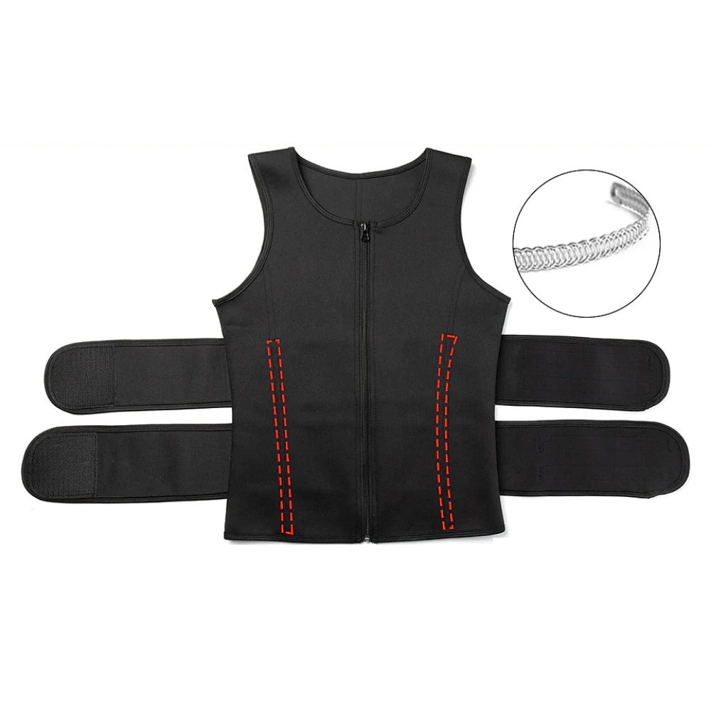 Men Neoprene Sauna Zipper Waist Trainer Vest Tank Top Trimmer Body Shaper with Two Belt Sauna Suit Sweat Vest Slimming Underwear Weight Loss Shirt Fat Burner Tank Tops Shapewear