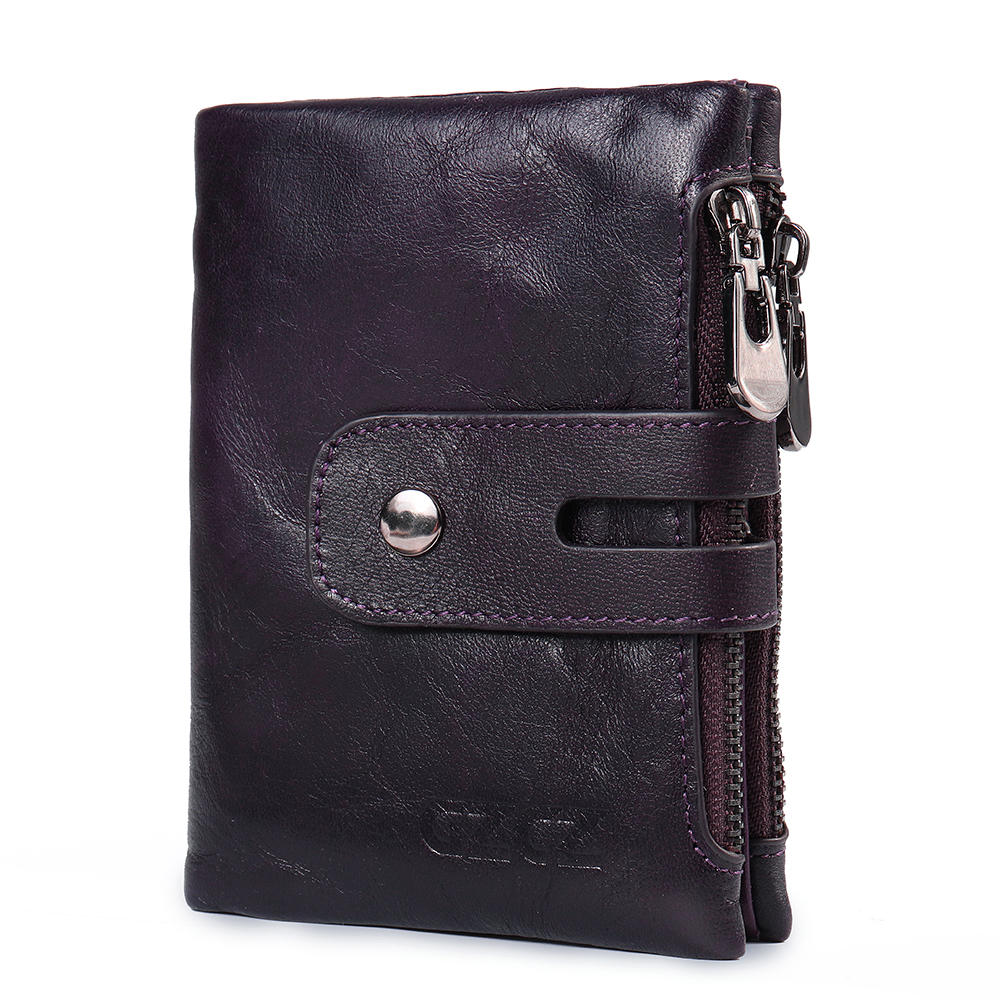 Men Women Retro Genuine Leather Tri-fold Wallet Card Holder Double Zipper