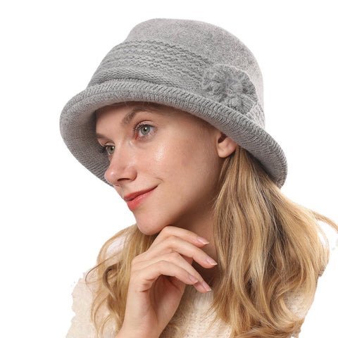 Women Rabbit Hair Plus Thicken Warm Flower Decoration Fashion Casual Knitted Hat Bucket Hat