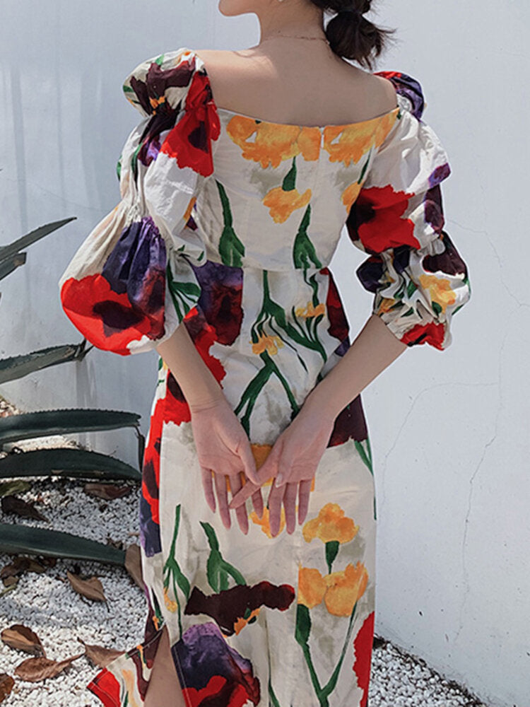 Flower Print Puff Sleeve Square Neck Zipper Back Side Split Elegant Dress For Women