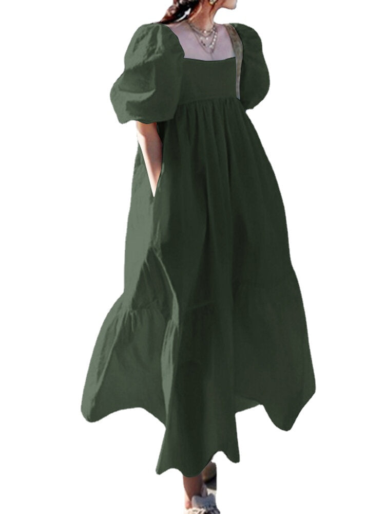 Women 100% Cotton Puff Sleeve Square Neck Maxi Dresses With Side Pocket