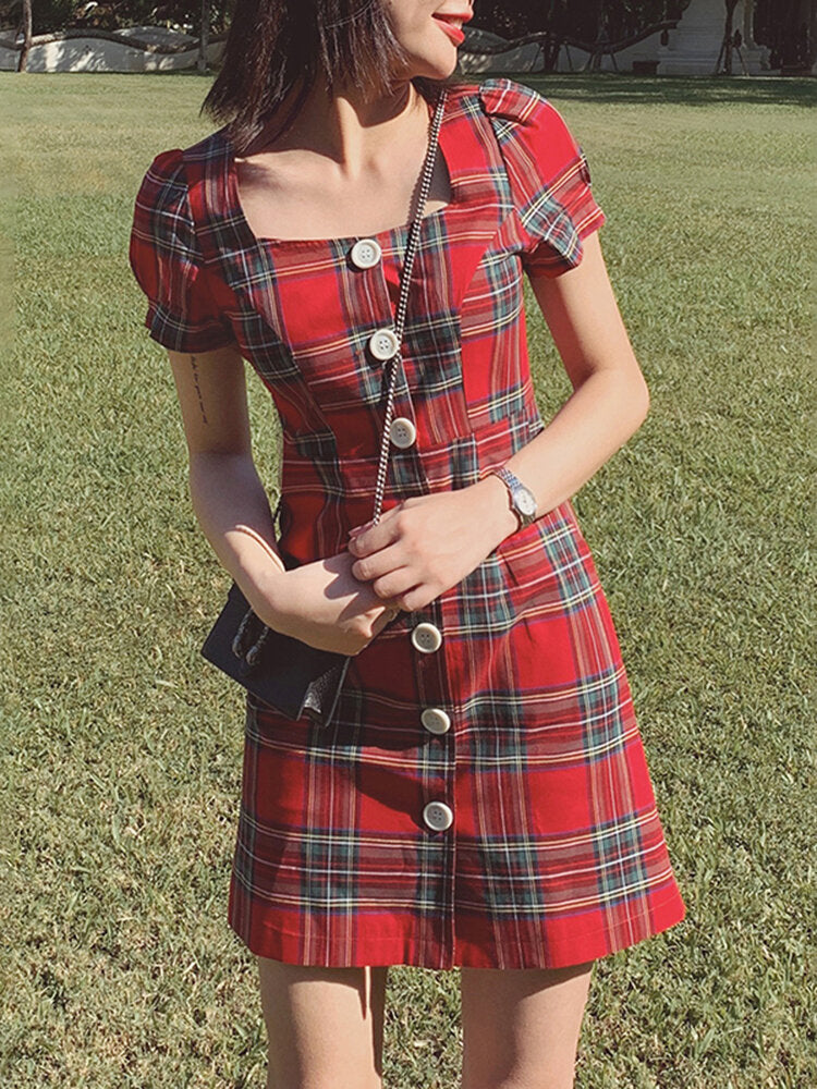 Plaid Square Neck Streetwear Holiday Women Dress