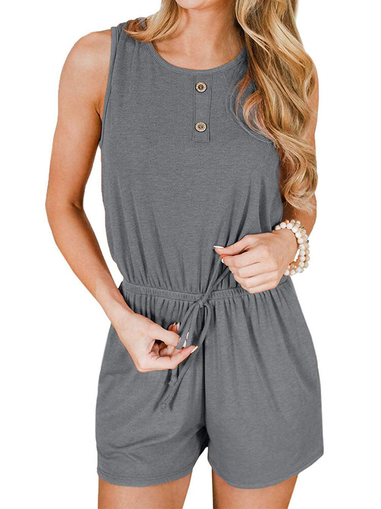 Casual Women O-neck Sleeveless Drawstring Waist Button Short Jumpsuits