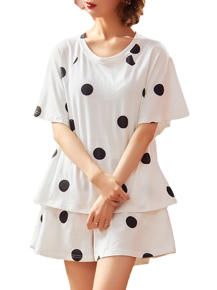 Women Polka Dot Print Round Neck Short Sleeve Shorts Casual Pajama Sets