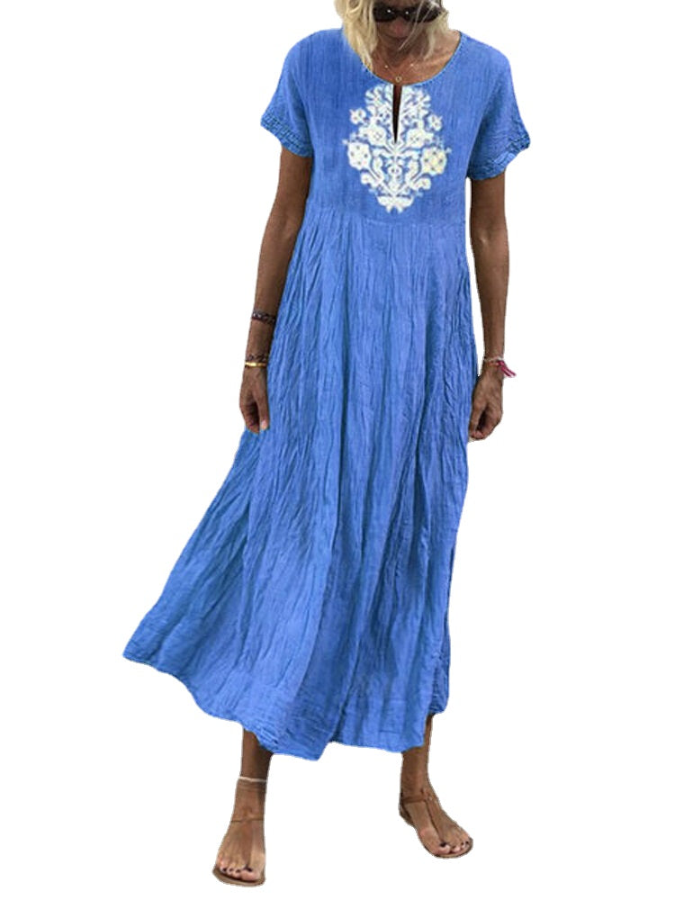 Women Cotton Simple Tribal Print Short Sleeve Bohemia Maxi Dresses