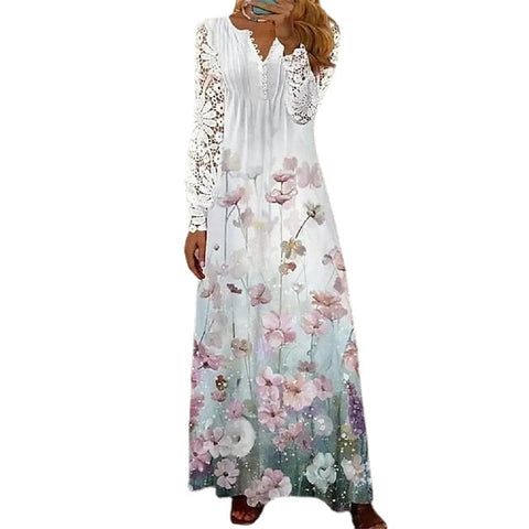 Women's Floral Lace Pleated Dresses Eyelet Long Dress Maxi Dress A Line Dress Print Dress Fashion Casual Outdoor Daily Button Long Sleeve V Neck Regular Fit White Pink Red Spring Summer Maxi Print Dresses