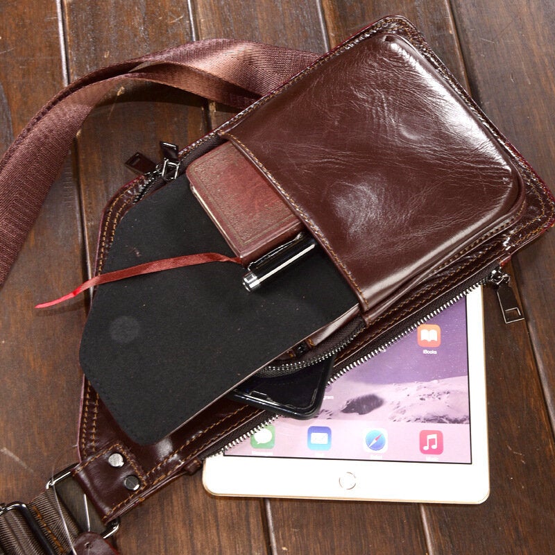 Men Genuine Leather Retro Multifunction Earphone Hole Crossbody Bag Chest Sling