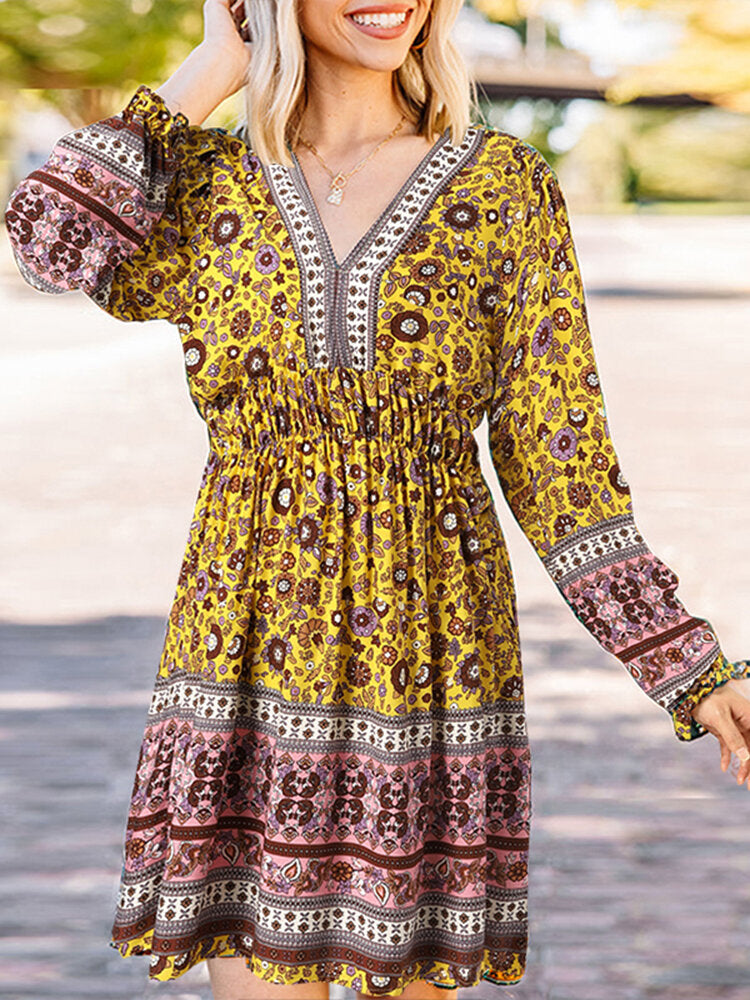 Ethnic Print Patchwork Lantern Sleeve Elastic Waist Midi Dress