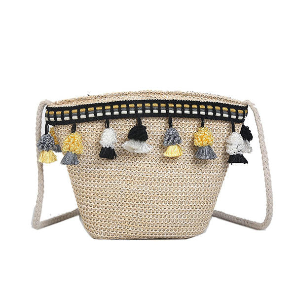 Straw Tassel Leisure Zipper Bucket Bag Shoulder Bag For Women