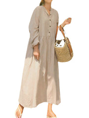 Women 100% Cotton Side Pockets Pleats Simple Casual Maxi Dress