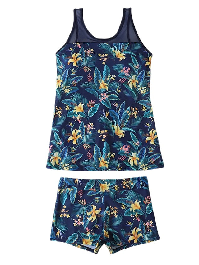Women's Swimwear Tankini 2 Piece Normal Swimsuit Open Back Printing Floral Pure Color Black Blue Royal Blue Navy Blue Vest Scoop Neck Bathing Suits Sports Vacation Fashion / Modern / New