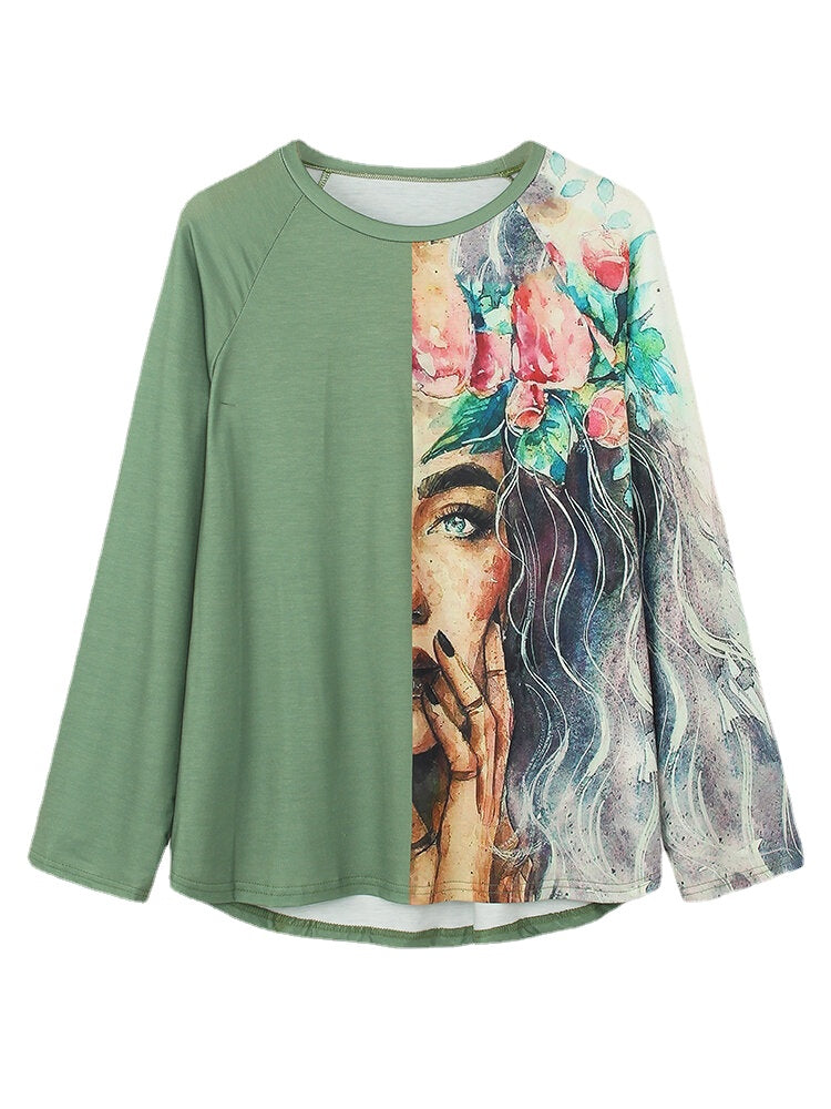 Women Figure Painting Print Patchwork O-Neck Casual Loose Long Sleeve T-Shirt