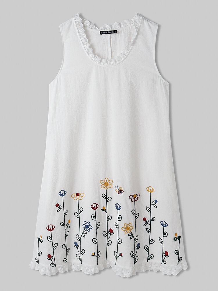 Vintage Flower Embroidery Lace Stitching Sleeveless Casual Dress