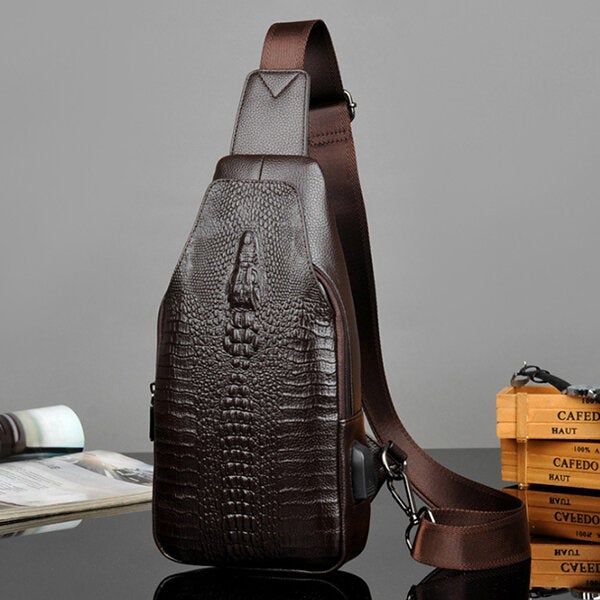 Men PU Leather Crocodile Printed Fashion Crossbody Bag Chest