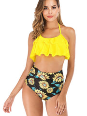 Women Halter String Top Floral Print High Waist Swimwear Bikini