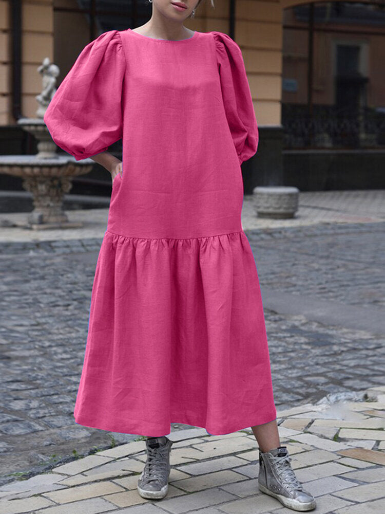 Women Puff Sleeve Calf Length Solid Color Buttons Casual Midi Dresses