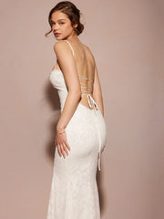 Women's Sexy Sleeveless Lace Patchwork Backless Bodycon Maxi Dress, Elegant Party Club Evening Dress