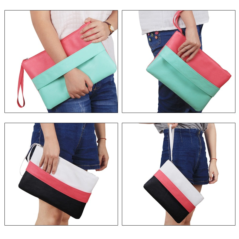 Patchwork Candy Color Leather Wristlet Bag